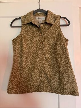 Casual Corner Olive Green Floral Sleeveless Collared Polo
